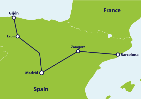 Map with train route Barcelona to Gijon